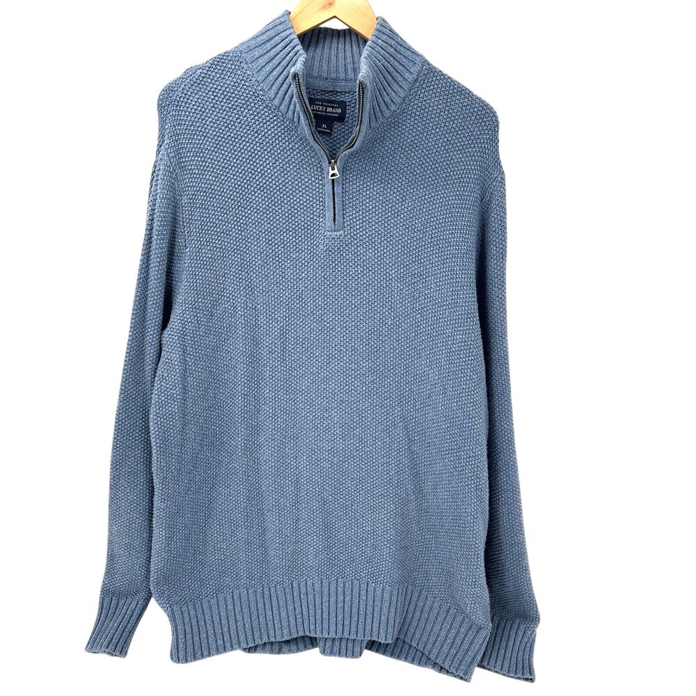 Lucky Brand Sweater Mens XL Blue 1/4‎ Zip Cotton Cashmere Pullover Knit Coastal
